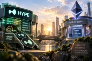 Ilustrasi HYPE dan Ethereum sebagai dua model pendapatan kripto, menampilkan mekanisme buyback Hyperliquid dan staking ETH yang menggambarkan pergeseran fokus pasar menuju revenue dan yield.