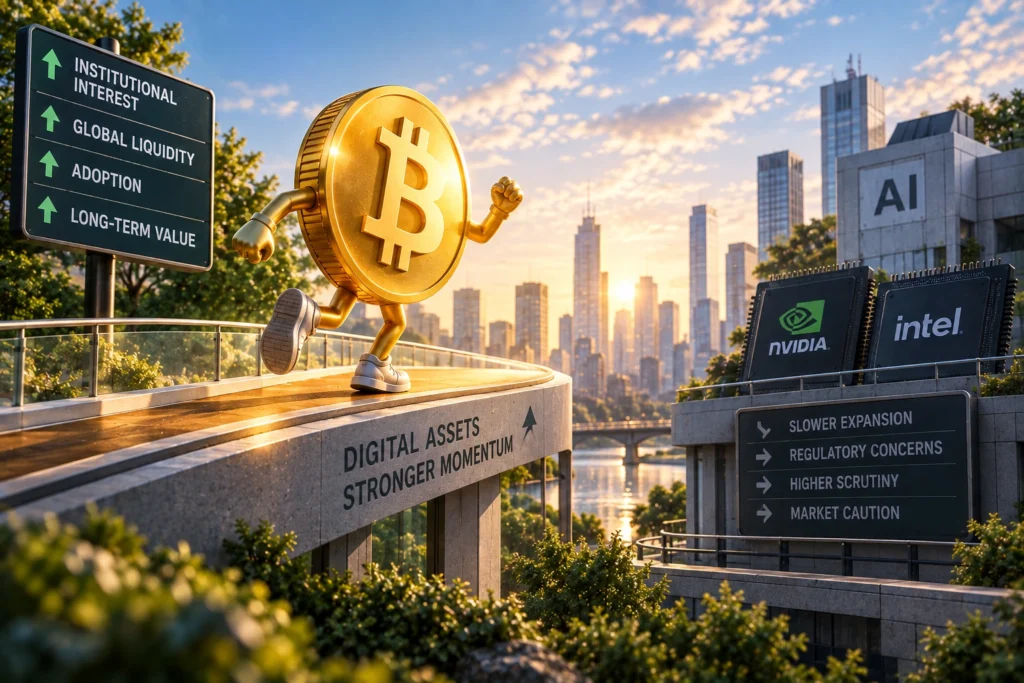Bitcoin Tunjukkan Penguatan di Tengah Isu Perlambatan AI - Blog Nanovest Ilustrasi Bitcoin bergerak menguat di jalur terpisah dari sektor chip AI, menggambarkan ketahanan BTC ketika saham teknologi menghadapi kekhawatiran terhadap potensi perlambatan pengembangan AI.