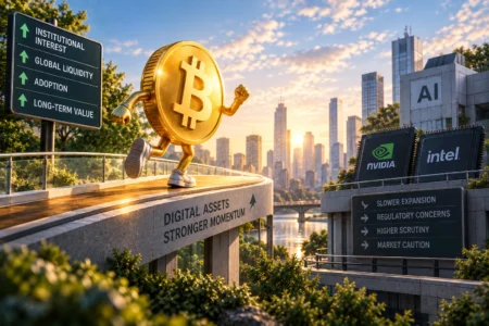 Bitcoin Tunjukkan Penguatan di Tengah Isu Perlambatan AI - Blog Nanovest Ilustrasi Bitcoin bergerak menguat di jalur terpisah dari sektor chip AI, menggambarkan ketahanan BTC ketika saham teknologi menghadapi kekhawatiran terhadap potensi perlambatan pengembangan AI.