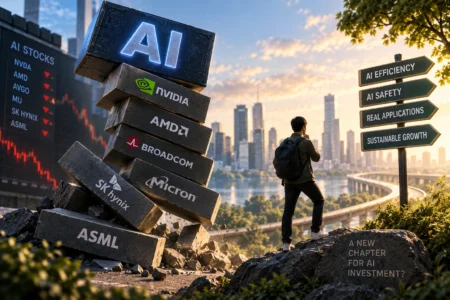 Saham AI Berguguran, AI Trade Mulai Berubah? - Blog Nanovest Ilustrasi saham-saham AI dan semikonduktor yang mengalami koreksi, sementara investor melihat arah baru menuju efisiensi, keamanan, aplikasi nyata, dan pertumbuhan AI yang lebih berkelanjutan.