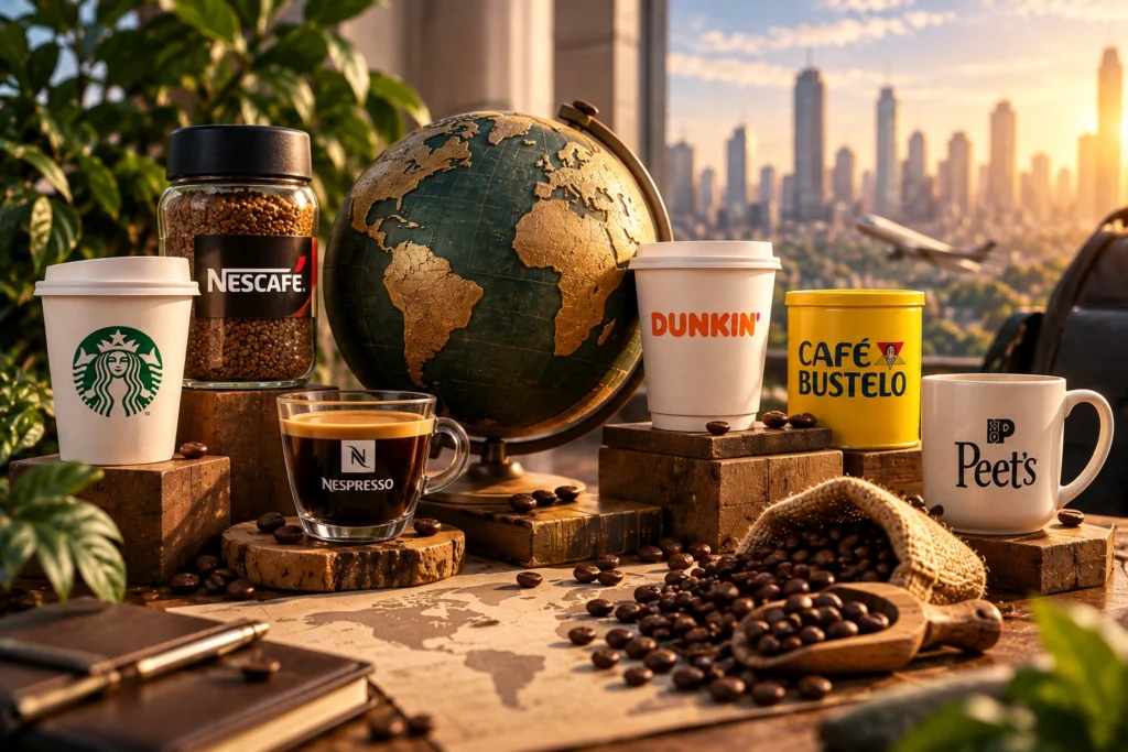 Ilustrasi berbagai merek kopi global dan Indonesia