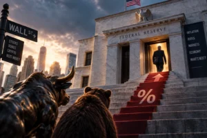 Ilustrasi Federal Reserve dengan jalur suku bunga yang mengarah naik, sementara pelaku pasar menanti keputusan bank sentral di tengah inflasi dan kenaikan yield Treasury AS.