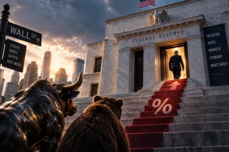 The Fed di Ambang Kenaikan Bunga, Pasar Waspada - Blog Nanovest Ilustrasi Federal Reserve dengan jalur suku bunga yang mengarah naik, sementara pelaku pasar menanti keputusan bank sentral di tengah inflasi dan kenaikan yield Treasury AS.