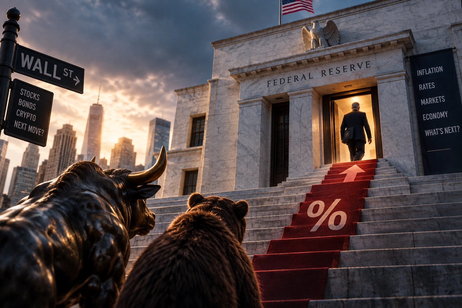 Ilustrasi Federal Reserve dengan jalur suku bunga yang mengarah naik, sementara pelaku pasar menanti keputusan bank sentral di tengah inflasi dan kenaikan yield Treasury AS.