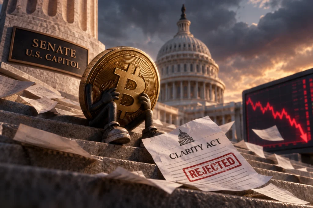 CLARITY Act Gagal Lolos Voting Prosedural, BTC Tertekan - Blog Nanovest Bitcoin mascot sitting on the Capitol steps, clutching a giant coin amid scattered papers and a 'Clarity Act' rejection document; stock chart in the background shows a downward trend.