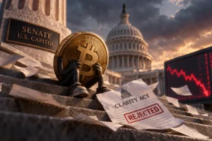 Bitcoin mascot sitting on the Capitol steps, clutching a giant coin amid scattered papers and a 'Clarity Act' rejection document; stock chart in the background shows a downward trend.