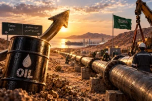 Ilustrasi jalur pipa minyak Arab Saudi menuju Laut Merah yang sedang diperbaiki, menggambarkan gangguan East-West Pipeline dan tekanan pasokan yang mendorong harga minyak kembali naik.