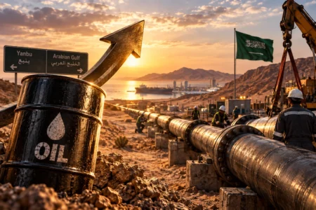 Ilustrasi jalur pipa minyak Arab Saudi menuju Laut Merah yang sedang diperbaiki, menggambarkan gangguan East-West Pipeline dan tekanan pasokan yang mendorong harga minyak kembali naik.