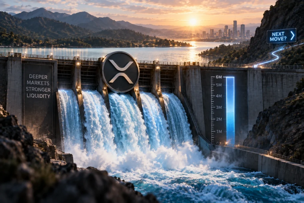 Likuiditas XRP Tertinggi 6 Bulan, Breakout Menanti? - Blog Nanovest Ilustrasi XRP sebagai bendungan dengan aliran likuiditas yang semakin deras, menggambarkan aktivitas perdagangan yang mencapai level tertinggi enam bulan sementara pasar masih menunggu arah pergerakan harga berikutnya.