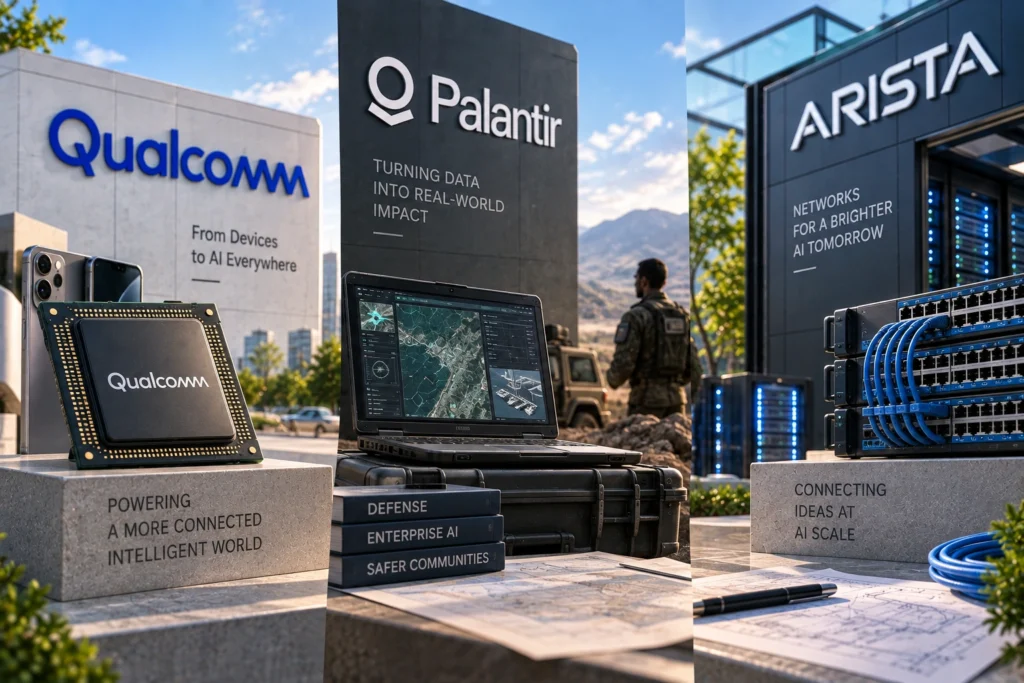Rekomendasi Saham Hari Ini: QCOM, PLTR, ANET (16 September 2026) - Blog Nanovest Ilustrasi editorial cerah menampilkan tiga pilar ekosistem AI: chip Qualcomm sebagai fondasi komputasi, platform Palantir untuk implementasi dan analisis AI, serta perangkat jaringan Arista Networks yang menghubungkan infrastruktur data center berkecepatan tinggi.