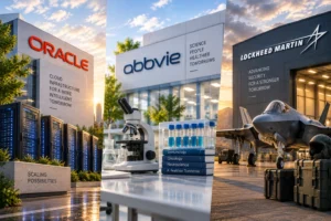 Tech campus with Oracle, AbbVie, and Lockheed Martin buildings, server racks, a microscope, test tubes, and a fighter jet on the tarmac.