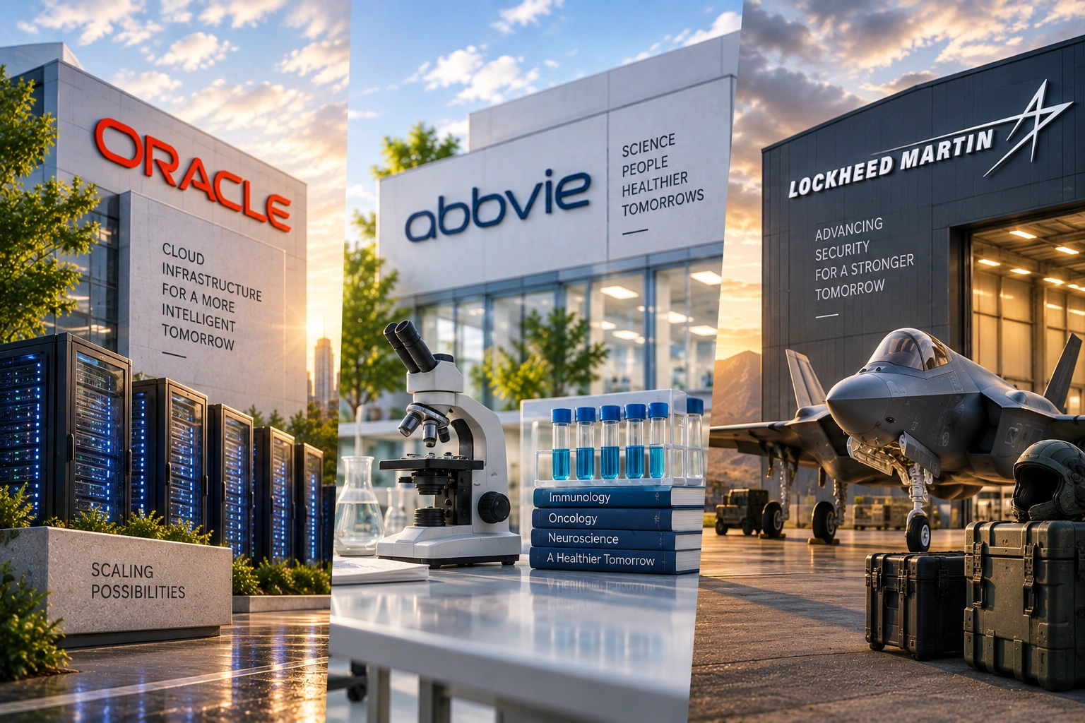 Tech campus with Oracle, AbbVie, and Lockheed Martin buildings, server racks, a microscope, test tubes, and a fighter jet on the tarmac.