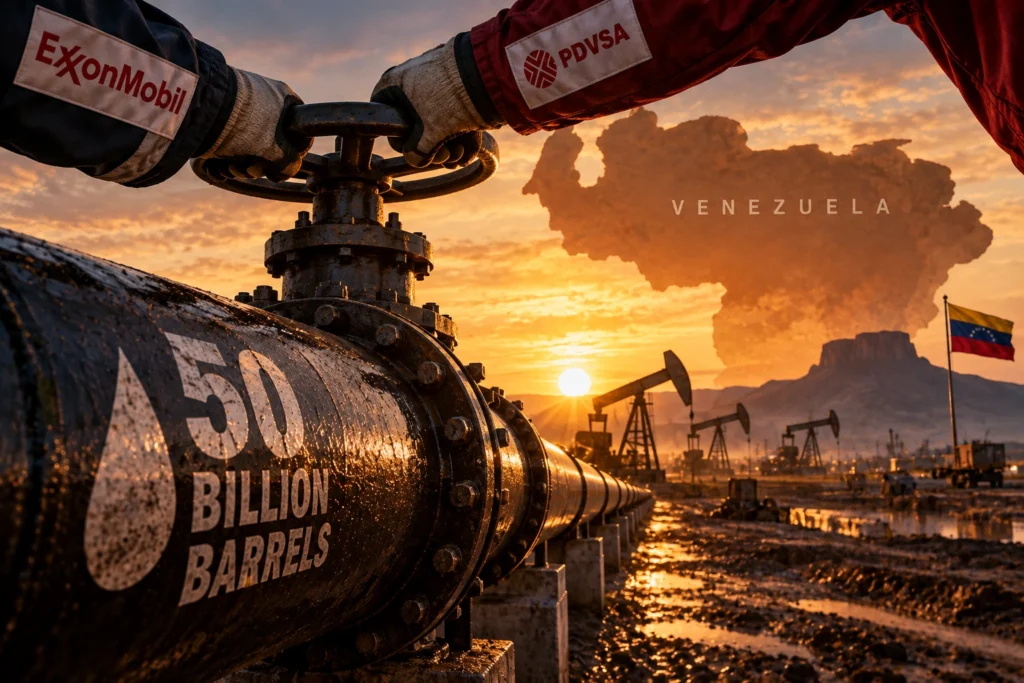 xxon Incar 50 Miliar Barel Minyak Venezuela - Blog Nanovest Ilustrasi ExxonMobil dan PDVSA membuka jalur minyak Venezuela, menggambarkan pembicaraan awal mengenai potensi investasi Exxon pada ladang dengan cadangan sekitar 50 miliar barel.