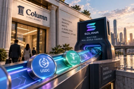 Ilustrasi Column menghubungkan layanan perbankan AS dengan jaringan Solana untuk transaksi USDC dan USDT, menggambarkan integrasi stablecoin 24/7 dengan infrastruktur perbankan tradisional.