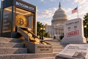 Ilustrasi dana mengalir keluar dari ETF Bitcoin di depan Capitol AS, menggambarkan outflow US$450,3 juta di tengah kegagalan voting CLARITY Act dan tekanan pasar kripto.