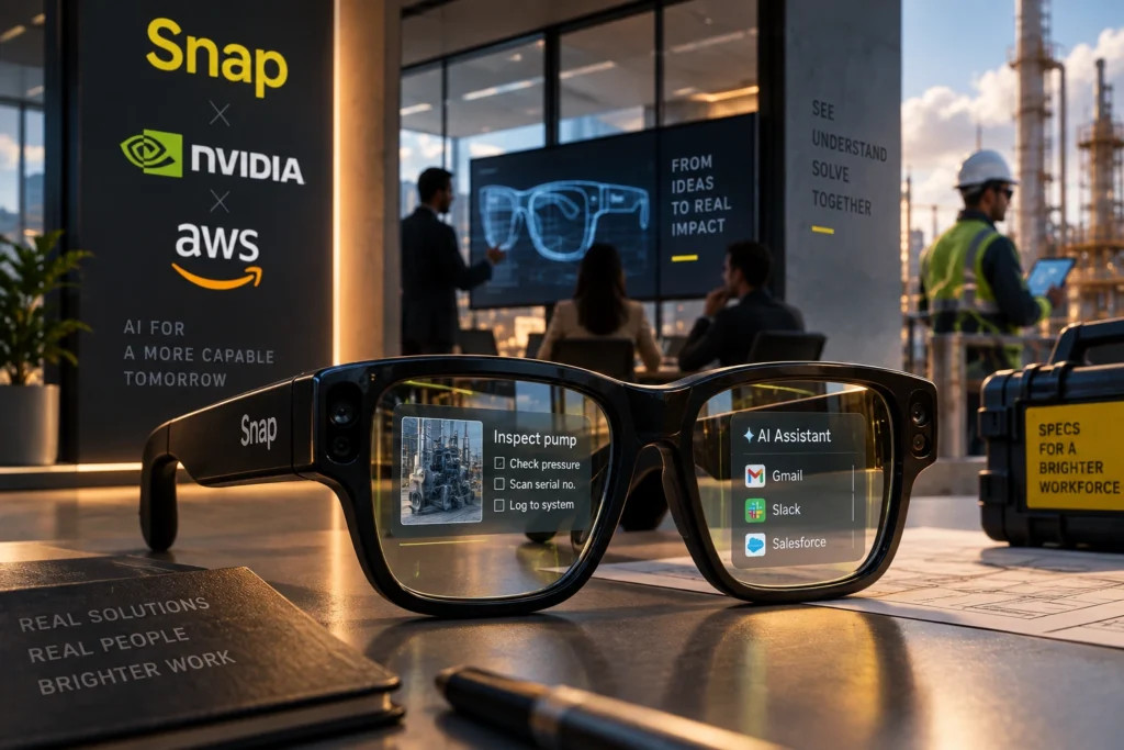 Snap Gandeng Nvidia-AWS, Bawa Kacamata AI ke Pasar Enterprise - Blog Nanovest Ilustrasi kacamata AR Specs milik Snap yang terintegrasi dengan AI untuk kebutuhan kerja, menggambarkan ekspansi Snap ke pasar enterprise melalui kolaborasi dengan Nvidia dan AWS.
