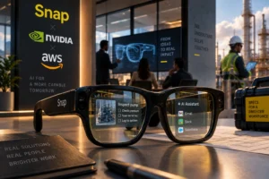 Ilustrasi kacamata AR Specs milik Snap yang terintegrasi dengan AI untuk kebutuhan kerja, menggambarkan ekspansi Snap ke pasar enterprise melalui kolaborasi dengan Nvidia dan AWS.