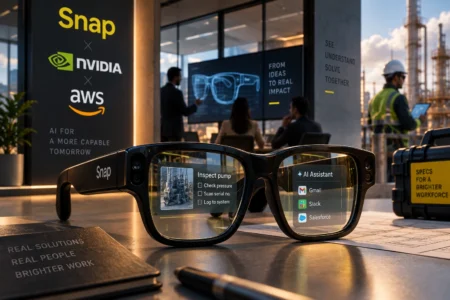 Ilustrasi kacamata AR Specs milik Snap yang terintegrasi dengan AI untuk kebutuhan kerja, menggambarkan ekspansi Snap ke pasar enterprise melalui kolaborasi dengan Nvidia dan AWS.