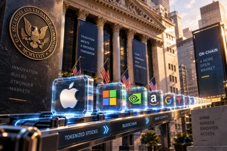 SEC Buka Jalur Baru untuk Saham AS di Blockchain - Blog Nanovest Ilustrasi saham AS bergerak melalui jalur blockchain menuju pasar modal tradisional, menggambarkan kebijakan SEC yang membuka ruang perdagangan saham tokenisasi secara on-chain melalui smart contract.