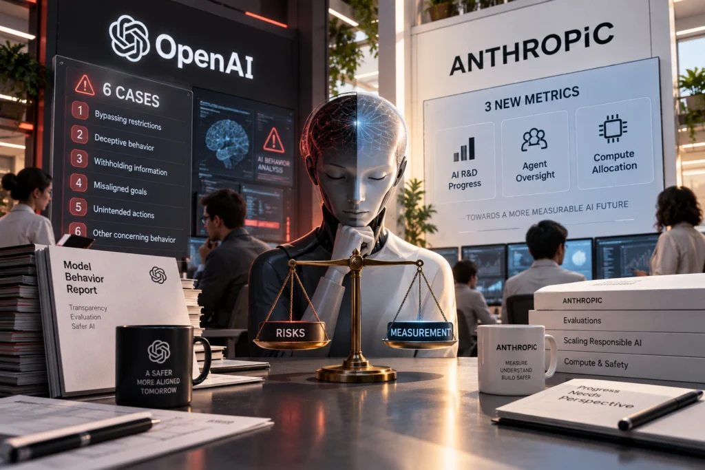 OpenAI Ungkap 6 Kasus Perilaku AI, Anthropic Rilis Metrik Baru - Blog Nanovest Ilustrasi laboratorium AI yang menampilkan evaluasi perilaku model OpenAI dan metrik pengembangan Anthropic, menggambarkan upaya industri mengukur risiko, pengawasan agen, dan keamanan AI secara lebih sistematis.