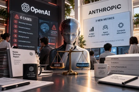 OpenAI Ungkap 6 Kasus Perilaku AI, Anthropic Rilis Metrik Baru - Blog Nanovest Ilustrasi laboratorium AI yang menampilkan evaluasi perilaku model OpenAI dan metrik pengembangan Anthropic, menggambarkan upaya industri mengukur risiko, pengawasan agen, dan keamanan AI secara lebih sistematis.