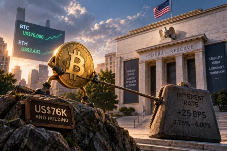 Bitcoin Bertahan di USK Usai The Fed Naikkan Bunga - Blog Nanovest Ilustrasi Bitcoin bertahan di level US$76.000 di tengah kenaikan suku bunga The Fed sebesar 25 basis poin, menggambarkan respons pasar kripto yang relatif stabil setelah keputusan tersebut.