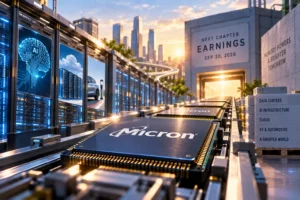 Ilustrasi chip memory Micron bergerak menuju momentum earnings, dengan infrastruktur AI dan data center di sekitarnya, menggambarkan permintaan memory dan outlook perusahaan sebagai fokus investor.