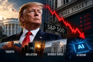 Composite image showing Trump beside the S&P 500 sign, a crashing red stock chart, and panels labeled Tariffs, Inflation, Interest Rates, and AI Boom.