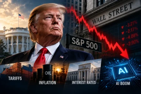 Composite image showing Trump beside the S&P 500 sign, a crashing red stock chart, and panels labeled Tariffs, Inflation, Interest Rates, and AI Boom.