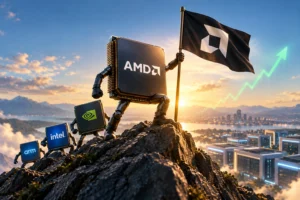 Ilustrasi chip AMD mencapai puncak gunung, diikuti chip Nvidia, Intel, dan Arm, dengan grafik hijau menanjak dan pusat data di latar belakang yang menggambarkan reli saham semikonduktor.