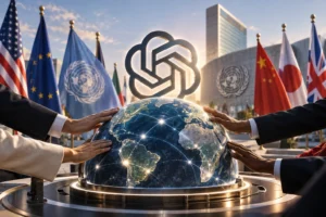 Ilustrasi logo OpenAI di atas globe digital yang dikelilingi tangan para perwakilan negara dan bendera internasional, menggambarkan upaya membangun standar global untuk keamanan dan tata kelola frontier AI.