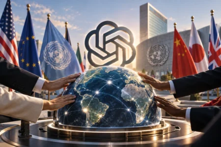 OpenAI Usulkan Standar Global untuk Frontier AI - Blog Nanovest Ilustrasi logo OpenAI di atas globe digital yang dikelilingi tangan para perwakilan negara dan bendera internasional, menggambarkan upaya membangun standar global untuk keamanan dan tata kelola frontier AI.