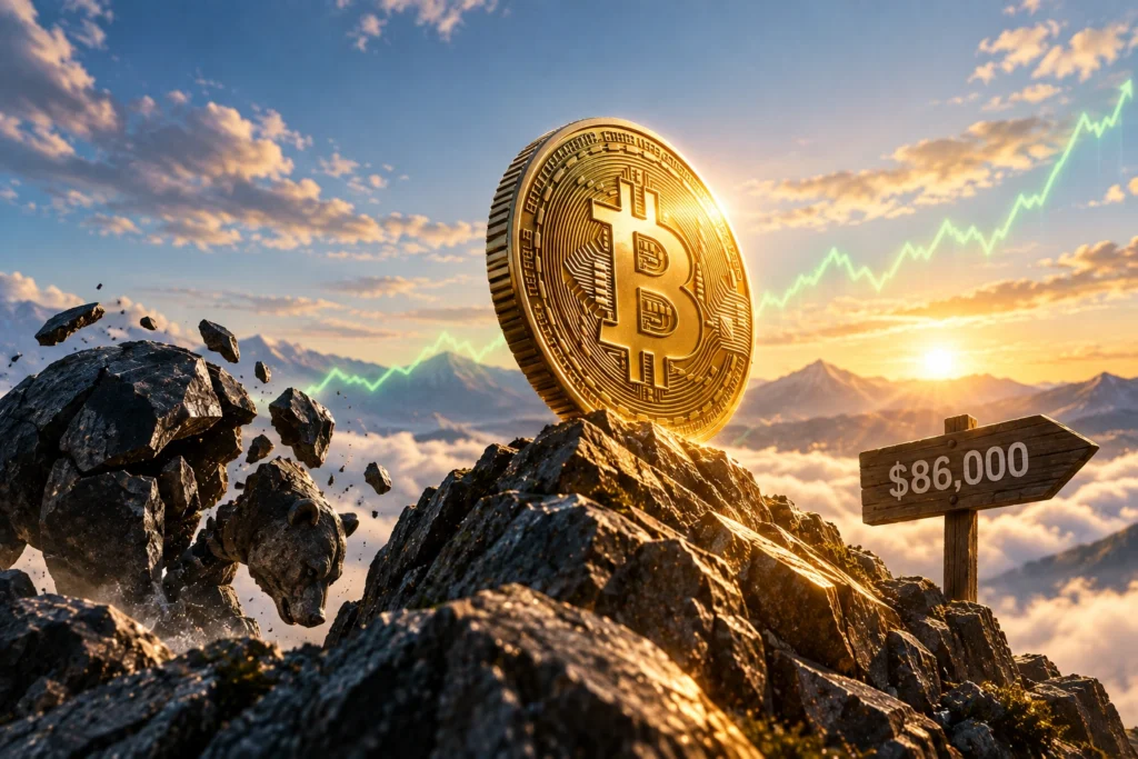 Bitcoin Tembus US.000, Tren Bearish Mulai Patah? - Blog Nanovest Ilustrasi Bitcoin berdiri di puncak gunung dengan grafik harga menanjak dan patung beruang yang mulai runtuh, menggambarkan BTC menembus US$86.000 dan melemahnya tren bearish.