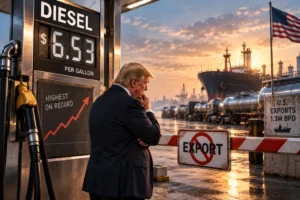 Ilustrasi Donald Trump berdiri di antara pompa diesel dengan harga US$6,53 per galon dan pelabuhan ekspor AS yang dibatasi, menggambarkan lonjakan harga diesel serta wacana larangan ekspor.