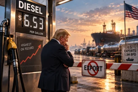 Diesel AS Tembus Rekor, Trump Pertimbangkan Larangan Ekspor - Blog Nanovest Ilustrasi Donald Trump berdiri di antara pompa diesel dengan harga US$6,53 per galon dan pelabuhan ekspor AS yang dibatasi, menggambarkan lonjakan harga diesel serta wacana larangan ekspor.