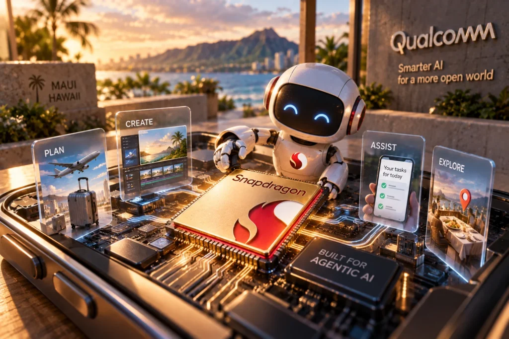 Qualcomm Kenalkan Snapdragon Baru untuk Agentic AI - Blog Nanovest Ilustrasi chip Snapdragon Qualcomm di dalam smartphone dengan asisten AI yang menjalankan berbagai tugas secara mandiri, menggambarkan kemampuan agentic AI langsung di perangkat.