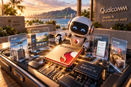 Qualcomm Kenalkan Snapdragon Baru untuk Agentic AI - Blog Nanovest Ilustrasi chip Snapdragon Qualcomm di dalam smartphone dengan asisten AI yang menjalankan berbagai tugas secara mandiri, menggambarkan kemampuan agentic AI langsung di perangkat.