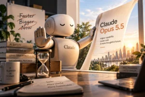 Ilustrasi Claude Opus 5.5 dengan gestur berhenti sejenak di tengah pengembangan AI, menggambarkan peningkatan performa dan efisiensi yang berjalan beriringan dengan fokus Anthropic pada keamanan AI.