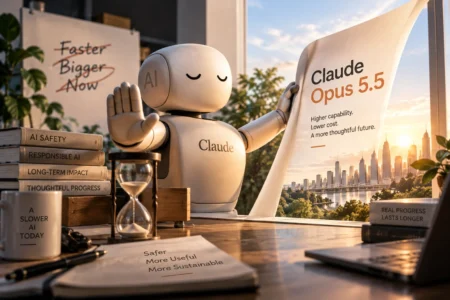 Anthropic Rilis Opus 5.5 Setelah Serukan Perlambatan AI - Blog Nanovest Ilustrasi Claude Opus 5.5 dengan gestur berhenti sejenak di tengah pengembangan AI, menggambarkan peningkatan performa dan efisiensi yang berjalan beriringan dengan fokus Anthropic pada keamanan AI.