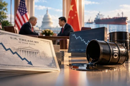 Yield dan Minyak Turun Jelang Pertemuan Trump-Xi - Blog Nanovest Ilustrasi Treasury AS dan barel minyak yang bergerak melemah, dengan pertemuan AS-China di latar belakang, menggambarkan fokus pasar menjelang pertemuan Trump dan Xi Jinping.