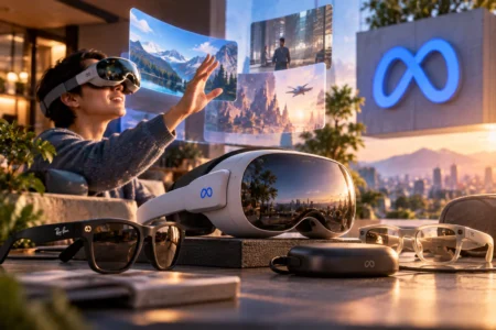 Meta Perluas AI Wearable, VR Glasses Hadir 2027 Ilustrasi ekosistem AI wearable Meta dengan kacamata VR dan smart glasses, menggambarkan ekspansi perusahaan ke perangkat komputasi berbasis AI, augmented reality, dan virtual reality.