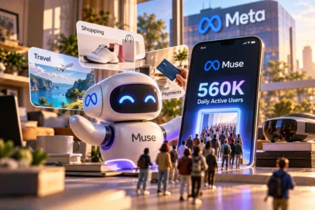 Muse Tembus 560 Ribu Pengguna, Meta Siapkan Monetisasi Ilustrasi AI agent Muse milik Meta yang terhubung dengan aktivitas belanja, perjalanan, dan pembayaran, menggambarkan pertumbuhan pengguna serta rencana monetisasi melalui ekosistem transaksi.