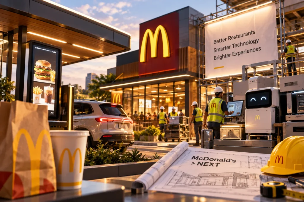 McDonald’s Siapkan US,5 Miliar untuk Transformasi Restoran - Blog Nanovest Ilustrasi restoran McDonald’s yang sedang dimodernisasi dengan teknologi AI, sistem drive-thru digital, dan peralatan baru, menggambarkan investasi besar perusahaan untuk transformasi operasional restoran.