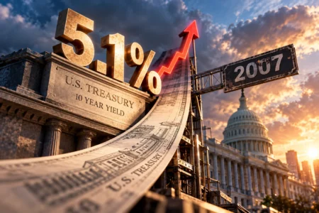 Yield AS Tembus 5,1%, Level Tertinggi dalam 19 Tahun Ilustrasi Treasury AS tenor 10 tahun dengan yield menembus 5,1%, level tertinggi sejak 2007, menggambarkan lonjakan imbal hasil obligasi yang menekan Wall Street.