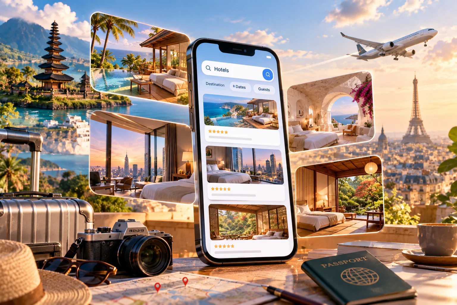 Cara Memilih Aplikasi Booking Hotel - Blog Nanovest Ilustrasi aplikasi booking hotel sebagai portal menuju berbagai pilihan akomodasi dan destinasi wisata, menggambarkan kemudahan membandingkan serta memesan penginapan untuk perjalanan domestik maupun internasional.