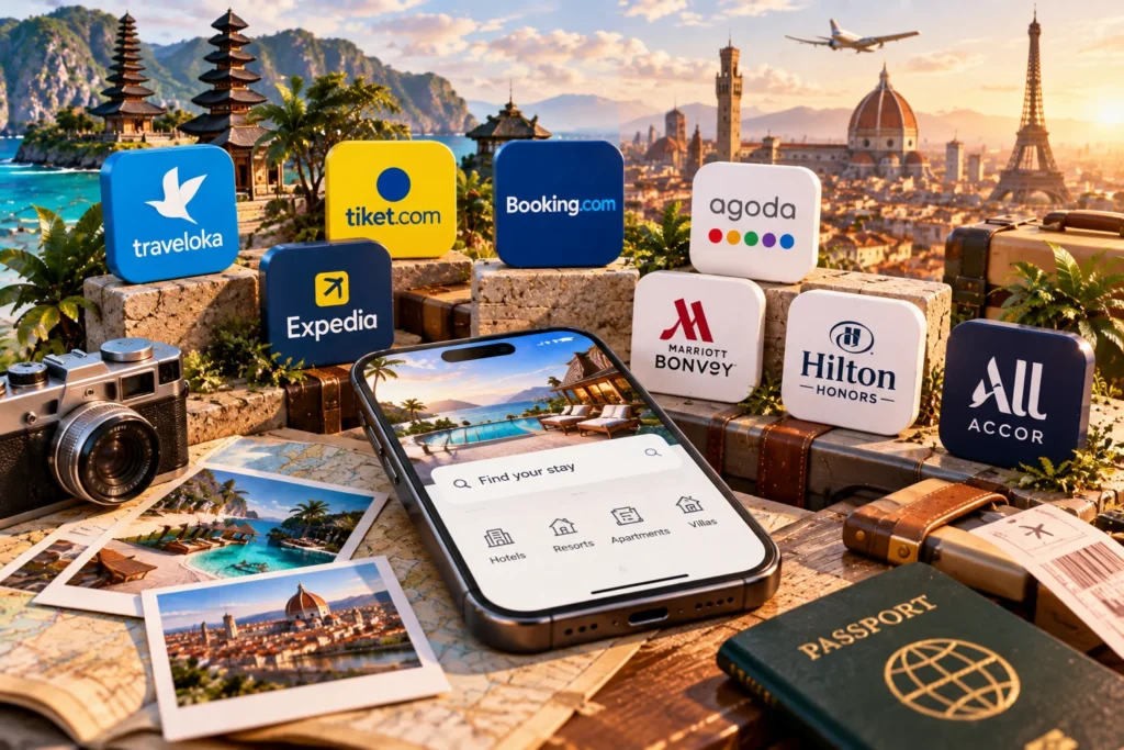 Ilustrasi aplikasi booking hotel sebagai portal menuju berbagai pilihan akomodasi dan destinasi wisata, menggambarkan kemudahan membandingkan serta memesan penginapan untuk perjalanan domestik maupun internasional.