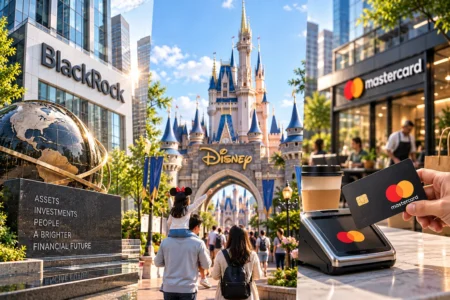 Three-panel collage: a corporate district with a BlackRock sign and globe sculpture, a Disney castle, and a Mastercard payment scene at a storefront.