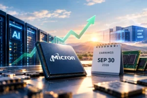 Ilustrasi chip Micron di tengah infrastruktur data center AI, grafik pertumbuhan, dan kalender earnings 30 September, menggambarkan momentum saham MU serta perhatian investor pada prospek memory dan AI.