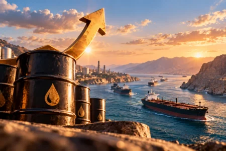 Minyak Naik 3%, Risiko Pasokan Kembali Membesar - Blog Nanovest Ilustrasi barel minyak dan kapal tanker yang melintasi jalur perdagangan energi, menggambarkan kenaikan harga minyak di tengah meningkatnya risiko pasokan global.
