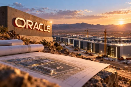 Ilustrasi kampus data center AI Oracle yang sedang dibangun di New Mexico, menggambarkan Project Jupiter yang menghadapi risiko keterlambatan infrastruktur dan pasokan energi.